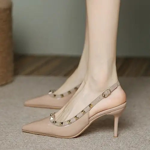 Stud Accent Strap Heel Nude - Cavorte
