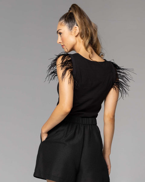 Feather Detail Top Black - Cavorte