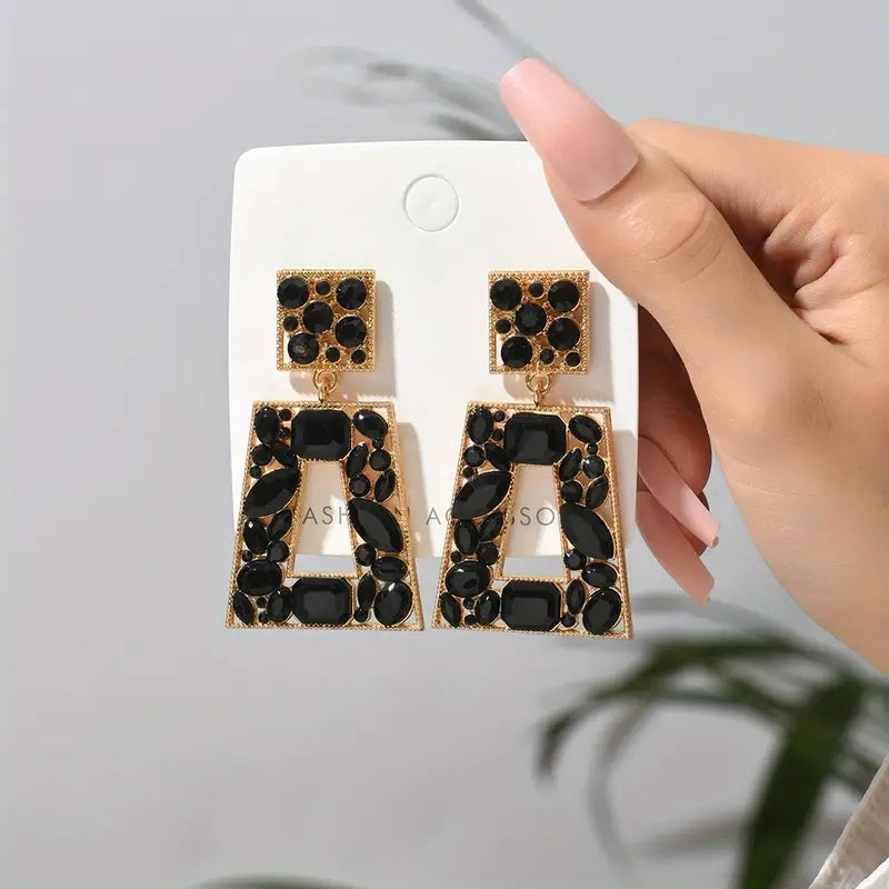 Gemstone Drop Earrings Black - Cavorte