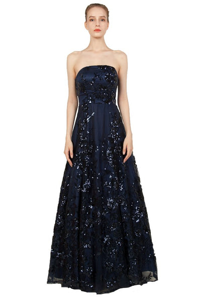 Stellar Satin-Sequin Gown Navy
