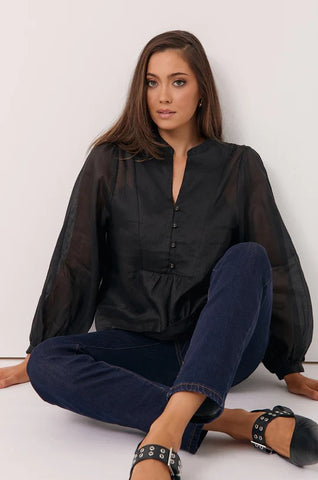 Balloon Sleeve Ramie Top Black