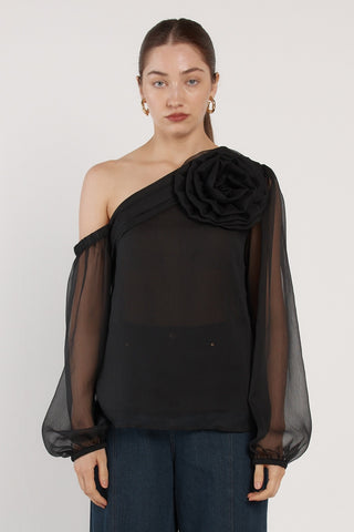 Aveline One Shoulder Flower Top Black