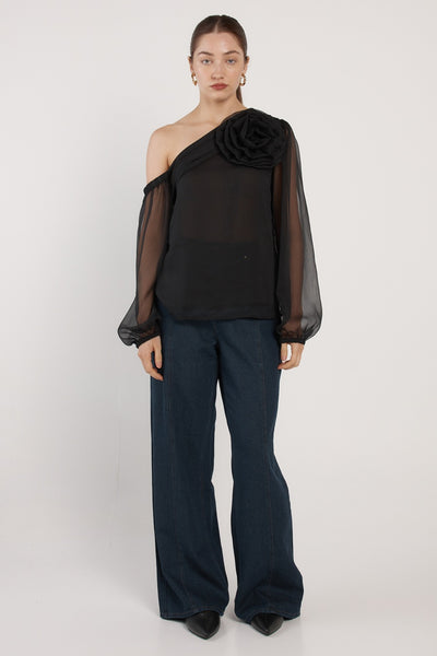 Aveline One Shoulder Flower Top Black