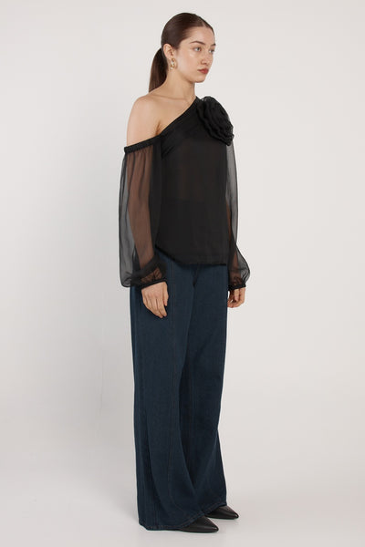 Aveline One Shoulder Flower Top Black