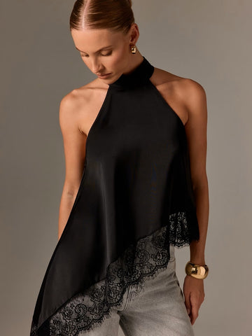 Asymmetrical Satin Lace Top Black