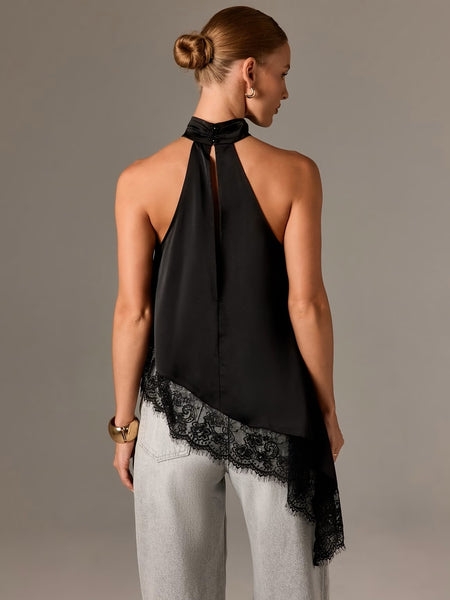 Asymmetrical Satin Lace Top Black