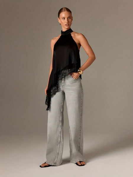 Asymmetrical Satin Lace Top Black