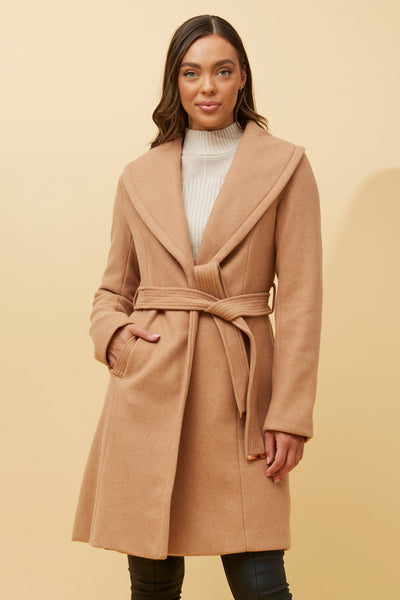Wrap Shawl Collar Coat Camel