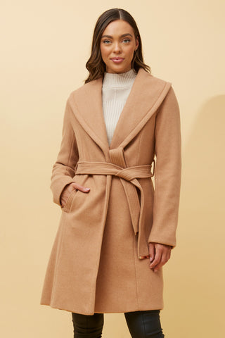 Wrap Shawl Collar Coat Camel