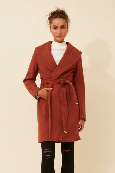 Wrap Shawl Collar Coat Rust