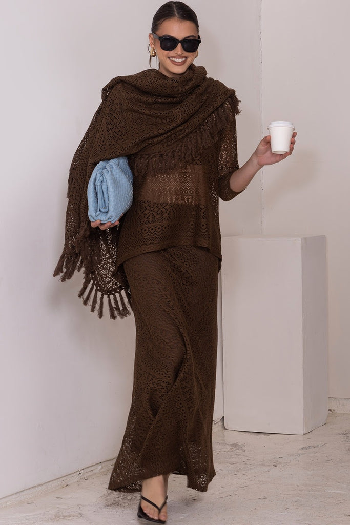 Ella Lace Bias Cut Skirt Chocolate