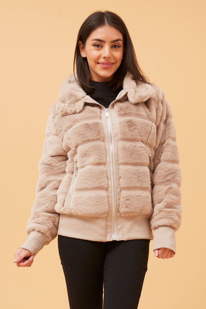 Faux Fur Bomber Jacket Beige