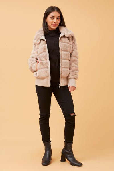 Faux Fur Bomber Jacket Beige