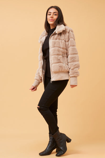 Faux Fur Bomber Jacket Beige