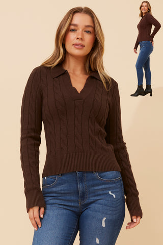 Cable Knit Polo Sweater Chocolate