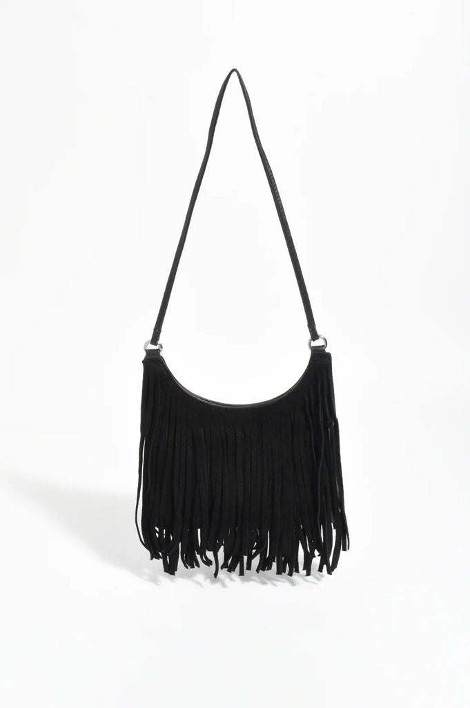 Leather Suede Fringe Bag Black