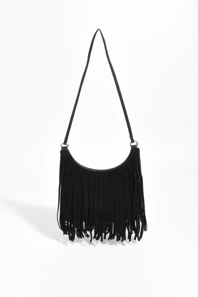 Leather Suede Fringe Bag Black