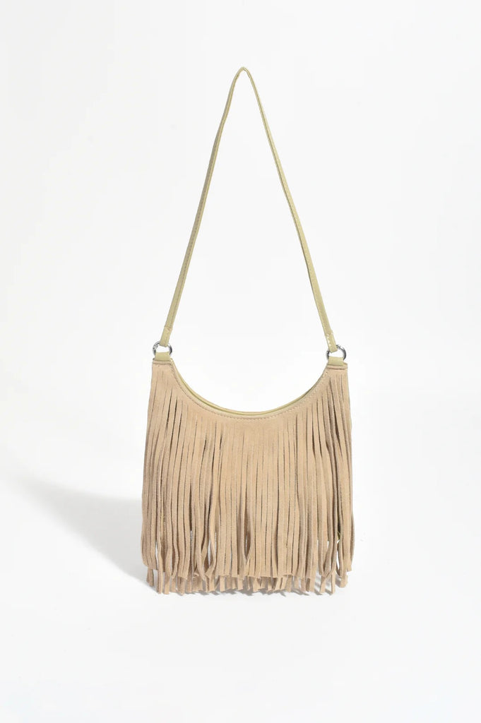 Leather Suede Fringe Bag Camel