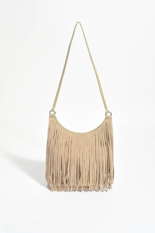 Leather Suede Fringe Bag Camel