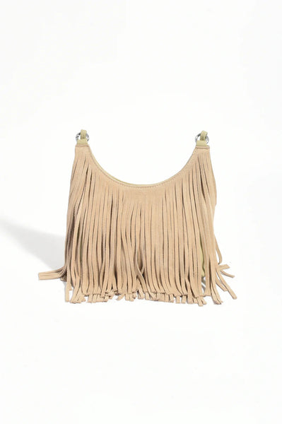 Leather Suede Fringe Bag Camel