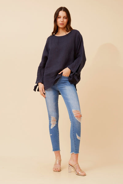 Ciara Linen Top Navy