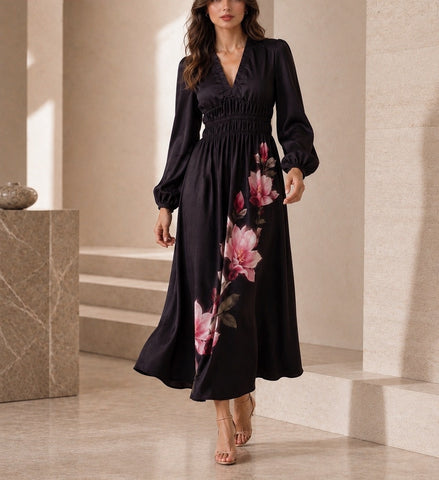 Portwine Magnolia Print Dress
