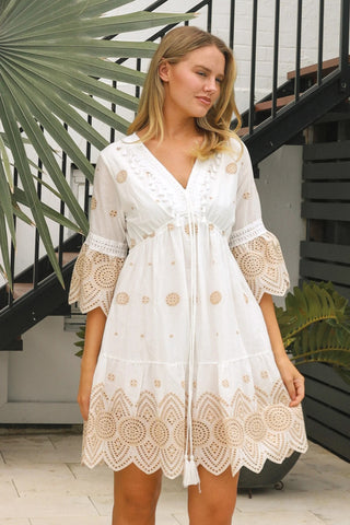 Embroidered Mini Dress White Beige