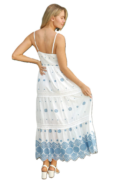 Embroidered Maxi Dress White Blue