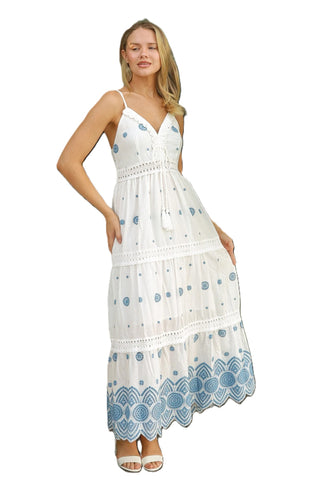 Embroidered Maxi Dress White Blue