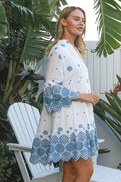 Embroidered Mini Dress White Blue