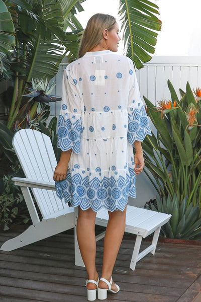 Embroidered Mini Dress White Blue
