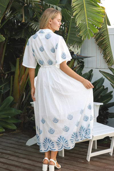 Embroidered Dress White Blue Fleur