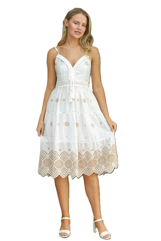 Embroidered Midi Dress White Beige