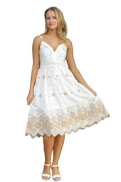 Embroidered Midi Dress White Beige