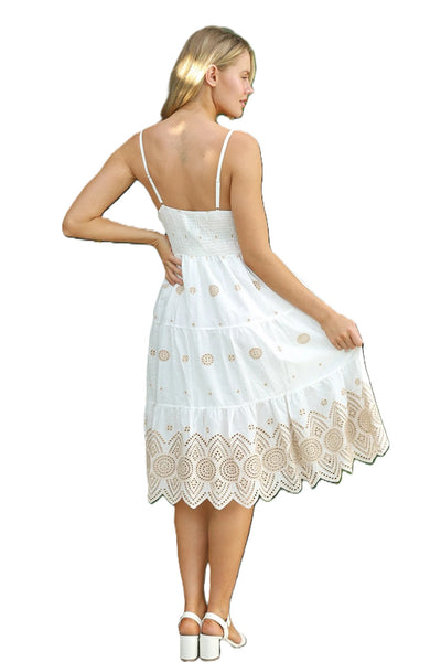 Embroidered Midi Dress White Beige