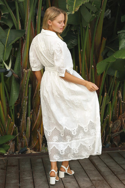 Embroidered Dress White Beige Fleur