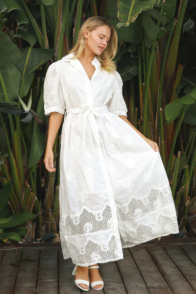 Embroidered Dress White Beige Fleur