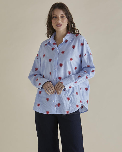 Sage Shirt Blue Stripe Red Heart