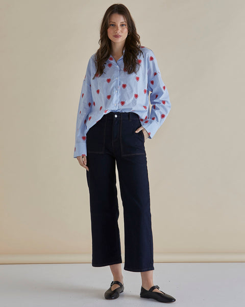 Sage Shirt Blue Stripe Red Hearts
