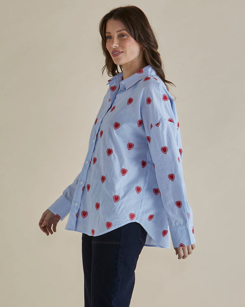 Sage Shirt Blue Stripe Red Heart