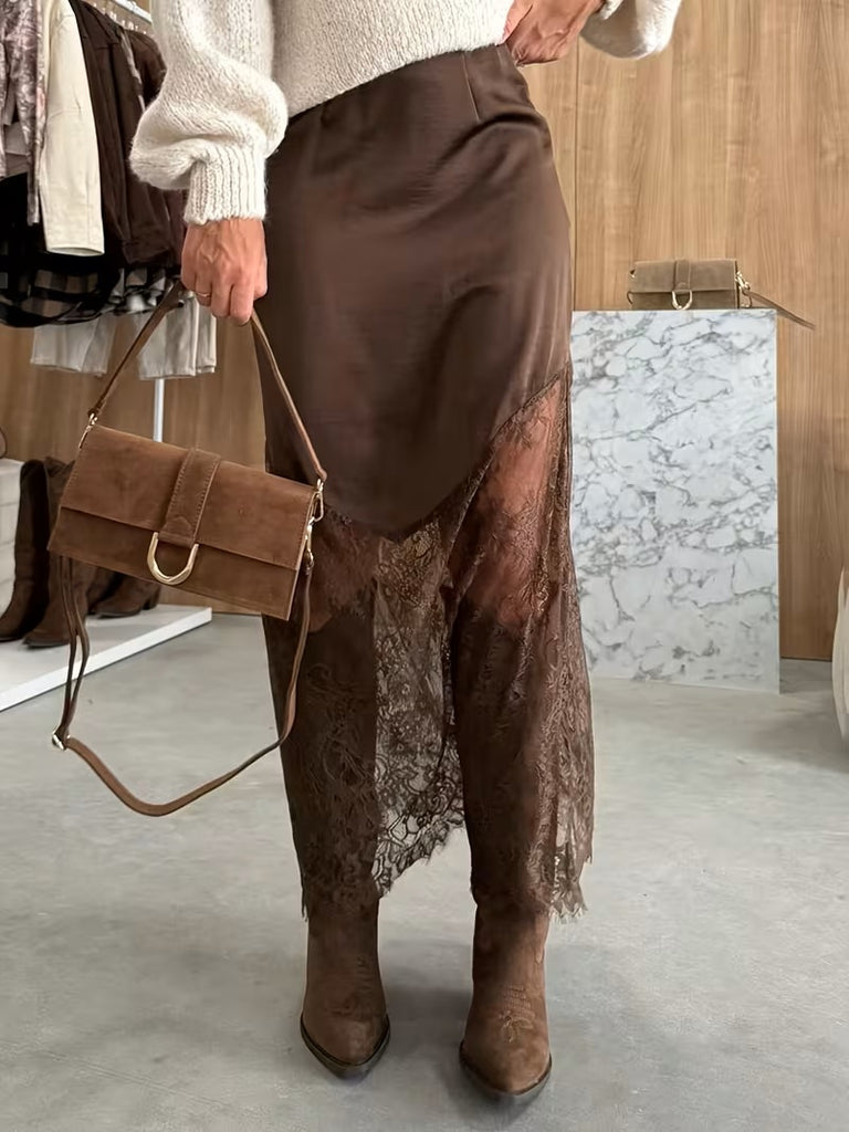 Martina Satin Lace Skirt Chocolate