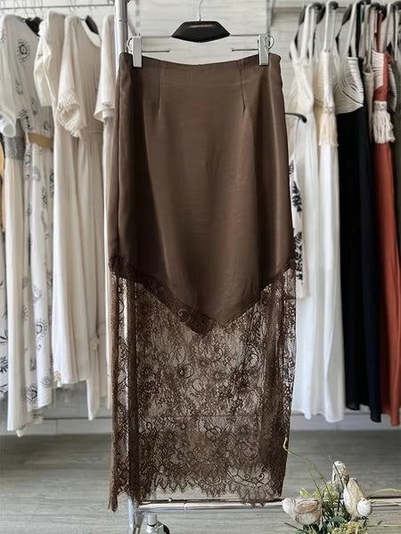 Martina Satin Lace Skirt Chocolate