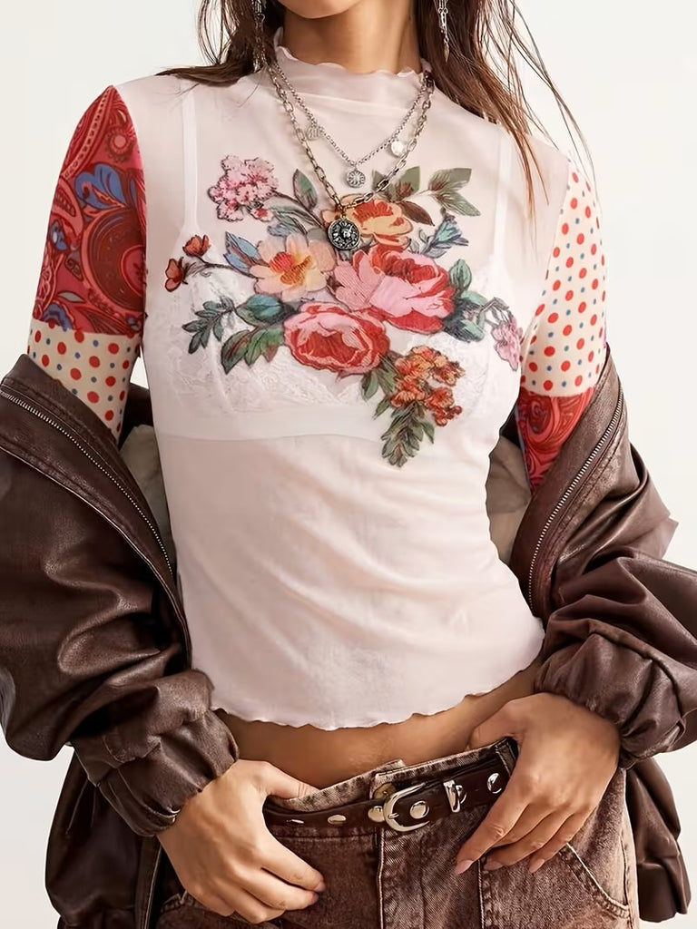 Spliced Mesh Print Top Pink