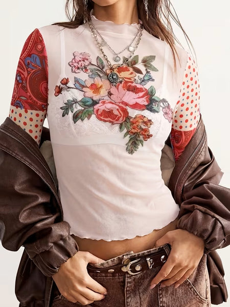 Spliced Mesh Print Top Pink