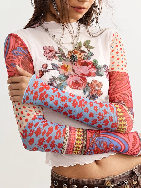Spliced Mesh Print Top Pink