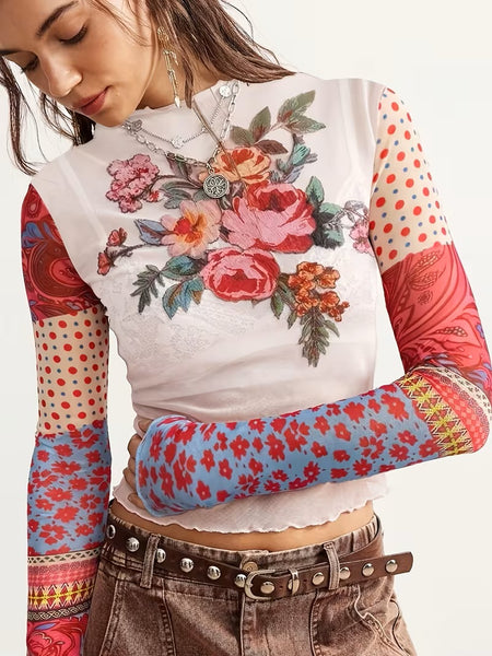 Spliced Mesh Print Top Pink
