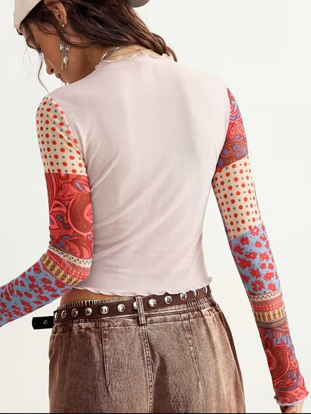 Spliced Mesh Print Top Pink