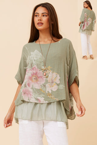 Double Layer Floral Top Khaki