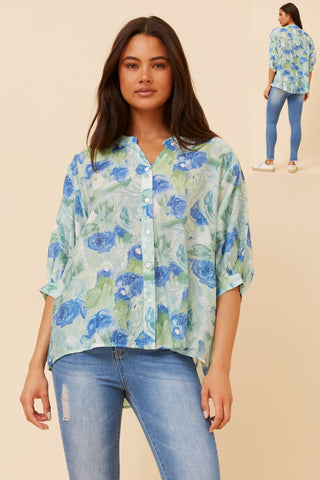 Celeste Blouse Blue Rose Print