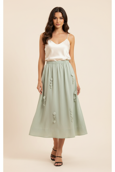Francine Skirt Sage — Front, cream cami